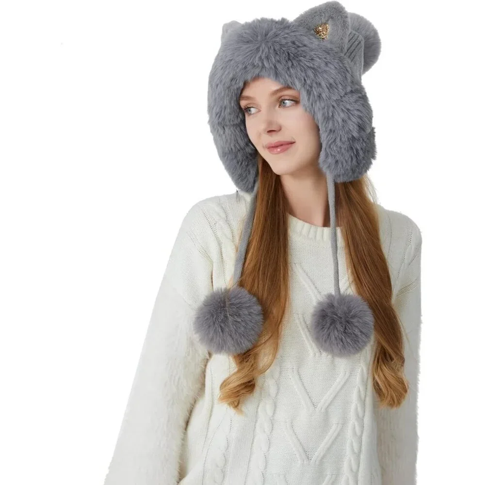 Women Grey Solid Winter Peruvian Cover Ears Beanie Hat Ear Flaps Sherpa Snow